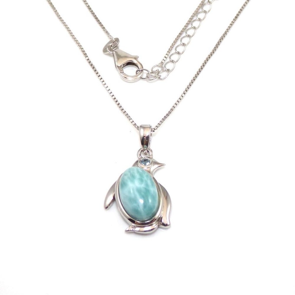 Sterling Silver Blue Larimar Topaz Penguin Charm Box Chain Necklace 18" - 20"